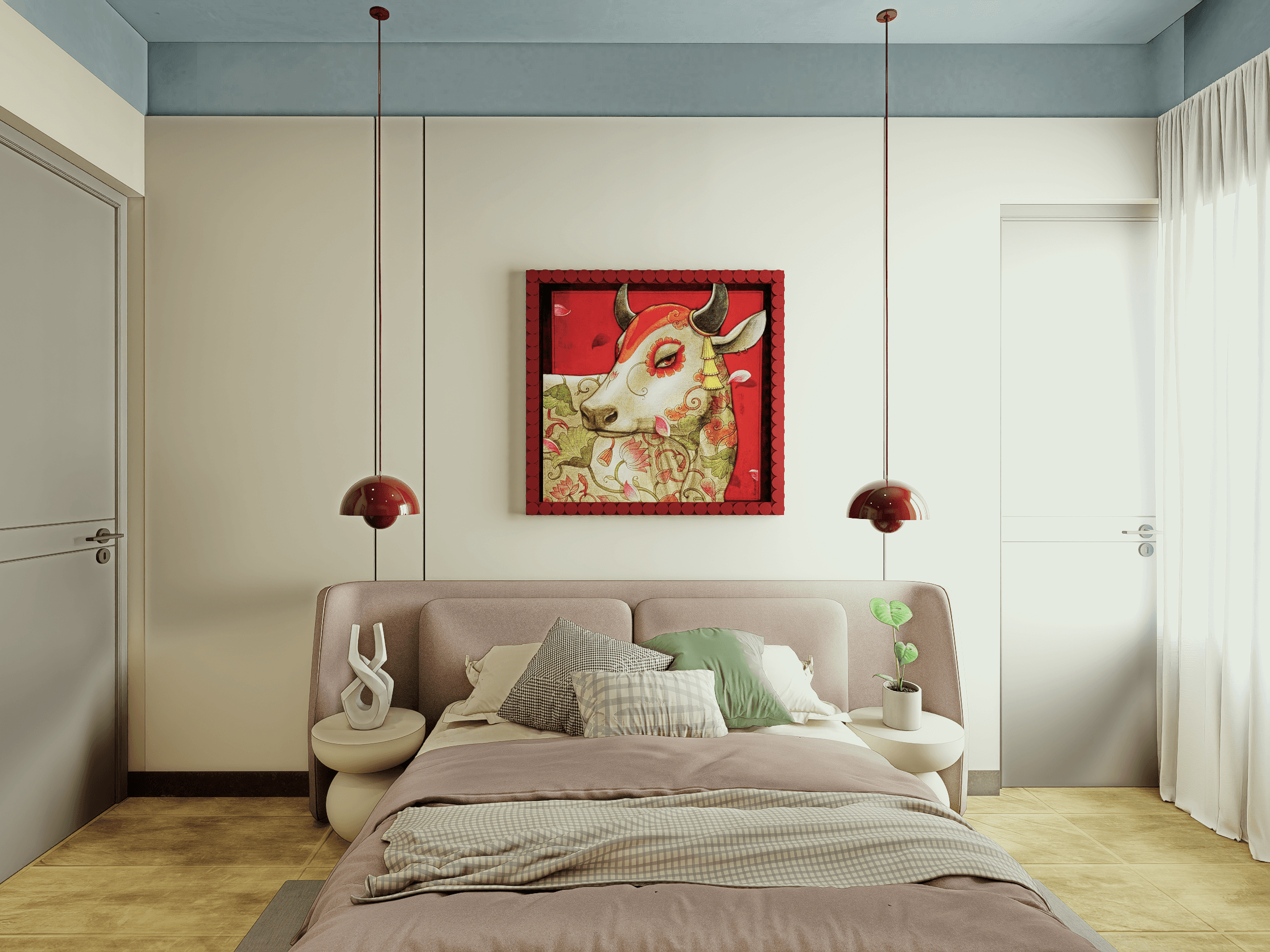 A serene, contemporary bedroom featuring soft neutral tones, The muted pastel palette, sculptural pendant lights, and vibrant artwork create a refined yet cozy atmosphere, while the sheer curtains bring in soft natural light.