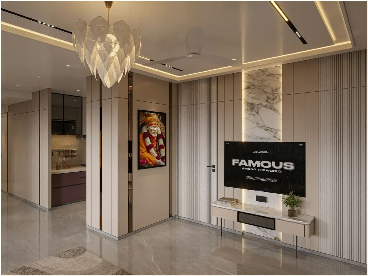 Sleek modern TV unit design with integrated fluted paneling, designer chandelier, and seamless hallway connectivity.