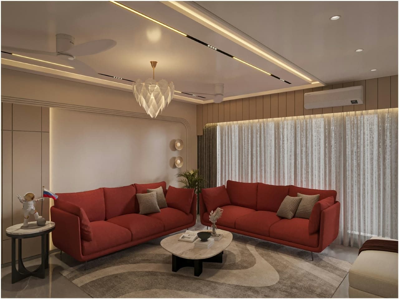 Elegant living area featuring rich red upholstery, fluted wall paneling, and warm ambient ceiling illumination.
