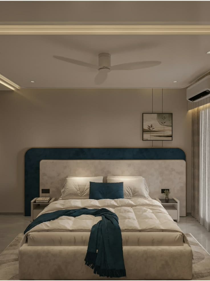 Contemporary bedroom design highlighted by a plush curved blue headboard and minimalist ambient wall accents.