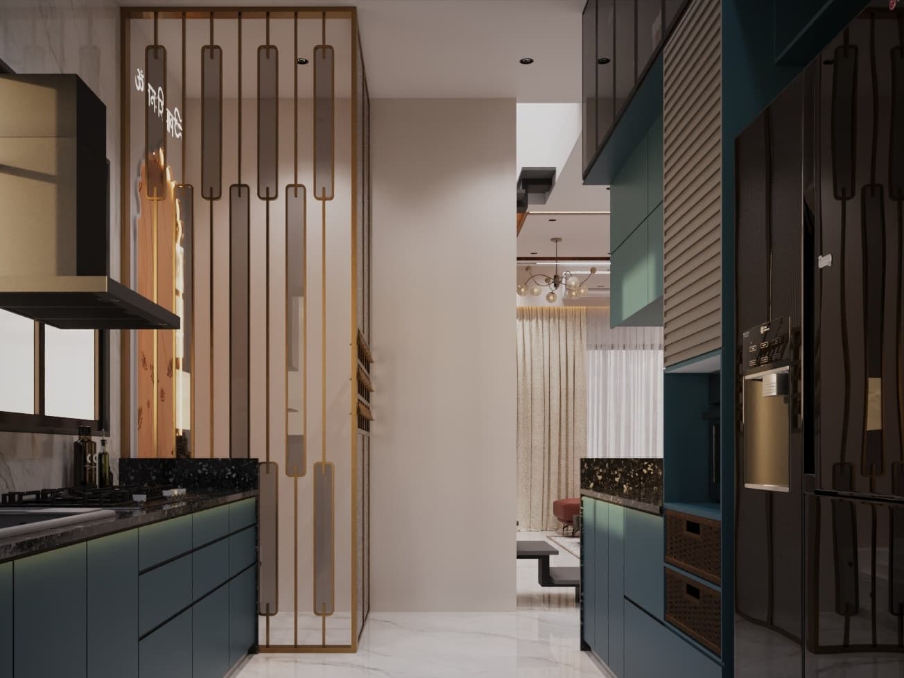 Open kitchen layout seamlessly connecting to the living space with reflective glass storage and warm profile lighting.