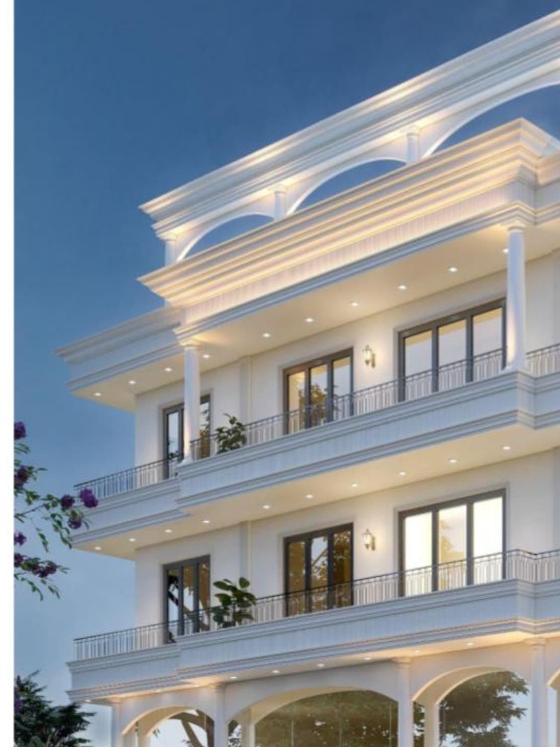 Layered balconies and pronounced cornices define each floor, creating a rhythmic, elegant neoclassical façade.