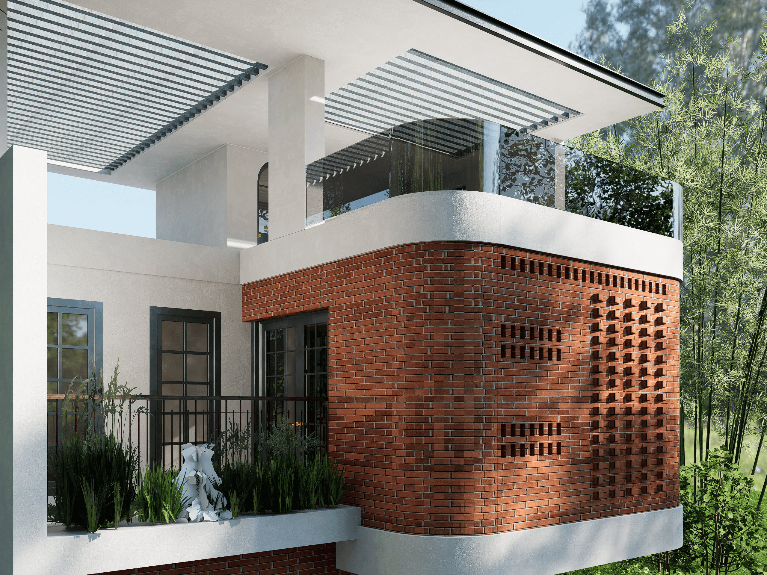 Curved terracotta jaali brickwork creates ventilation, soft daylight, tactile texture, and a warm sculpted identity.
