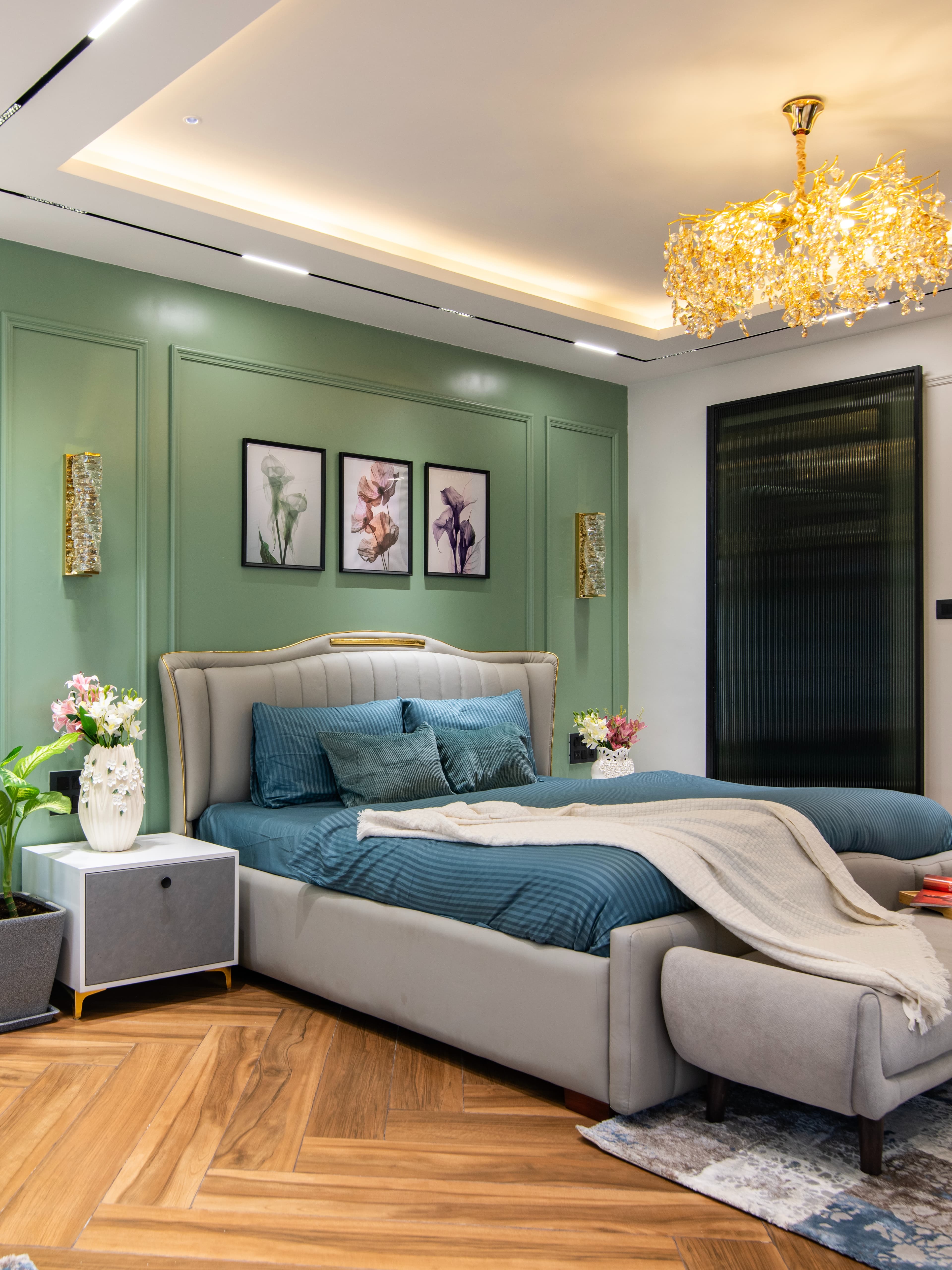 A pastel-themed master suite elevated with elegant neo-classical detailing