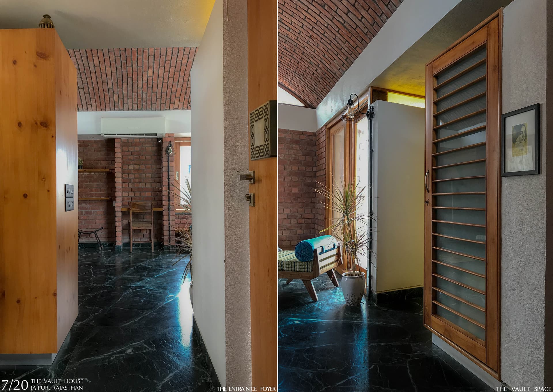 “The Vault & The Flat Roof – A seamless dialogue between structural innovation and domestic intimacy. The exposed brick vault contrasts with the flat roof opening to the outdoors, blending strength, light, and openness within.