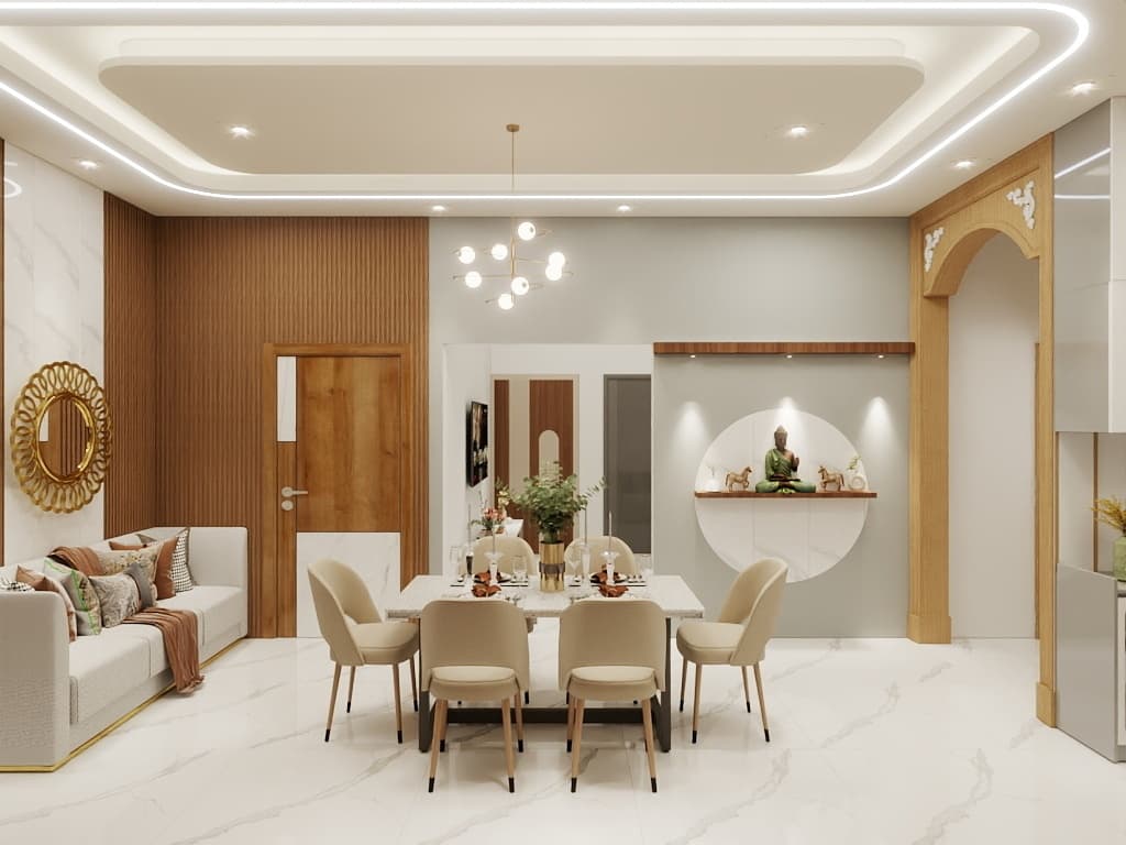 Minimalist living-dining space featuring warm wooden paneling, elegant false ceiling, soft lighting, modern décor and a serene mandir niche creating balanced aesthetics.